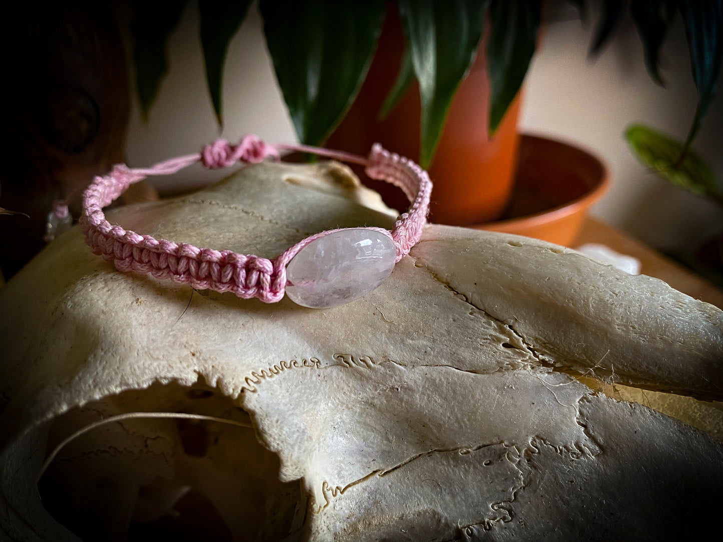 Pink Hand-Woven Bracelet With Cloudy White Stone