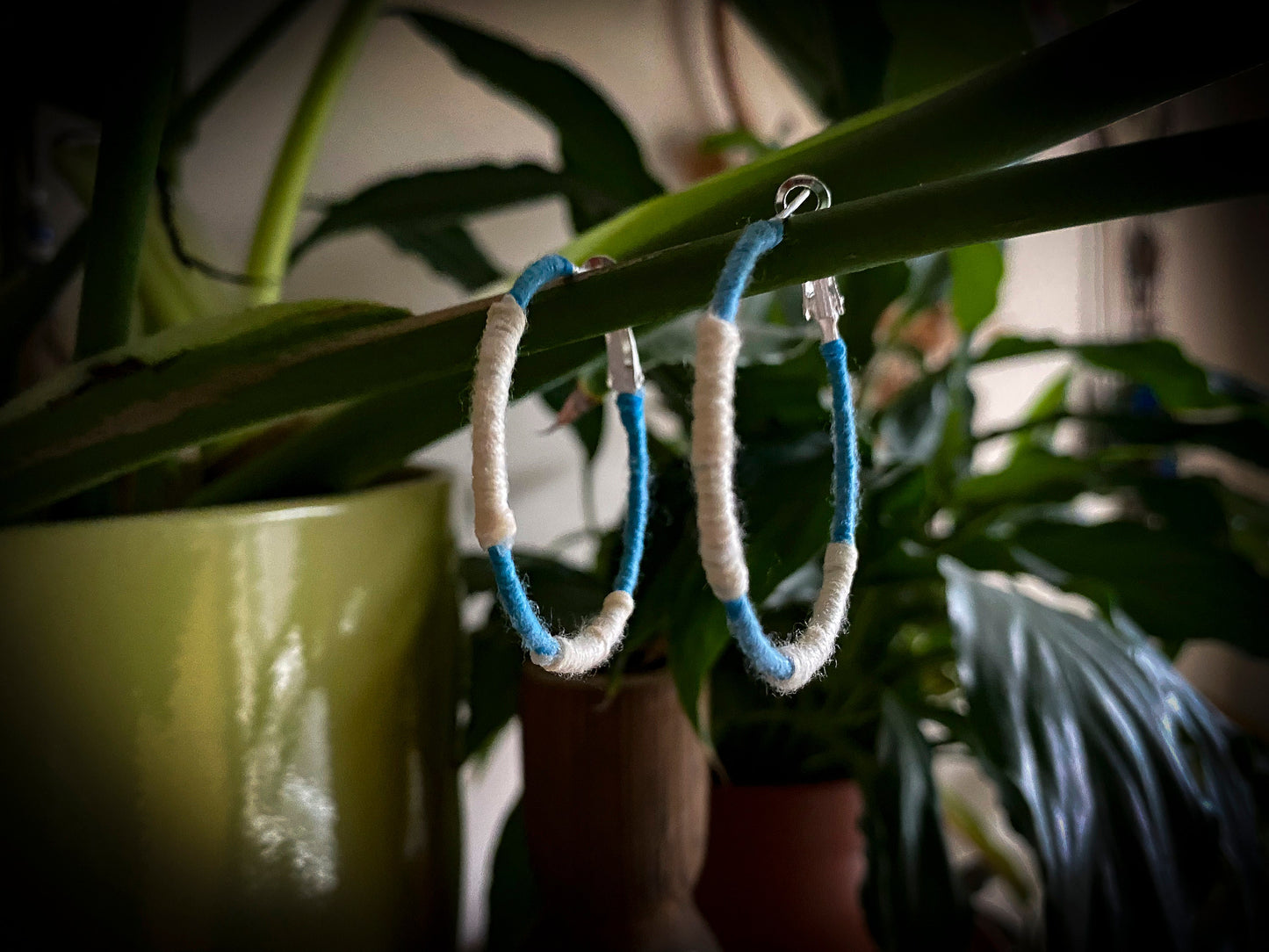 Cream and Blue Wrapped Hoop Earrings