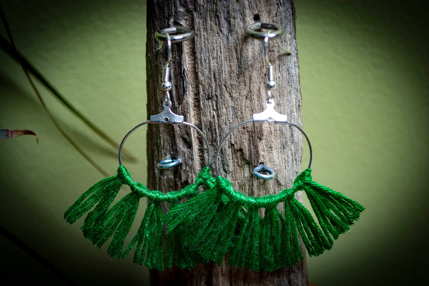 Tassel Silver Earrings in Green