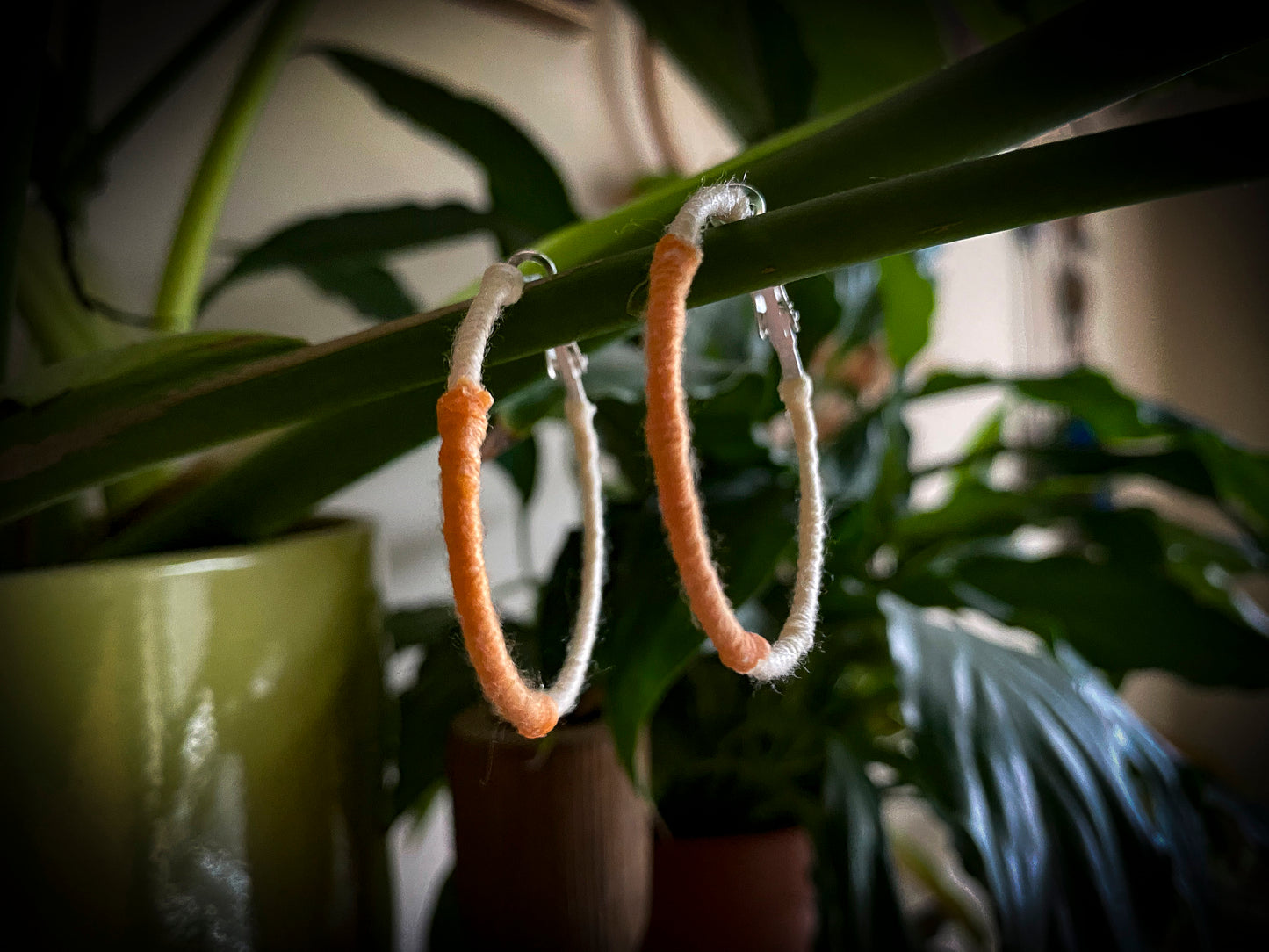 Cream and Orange Wrapped Hoop Earrings
