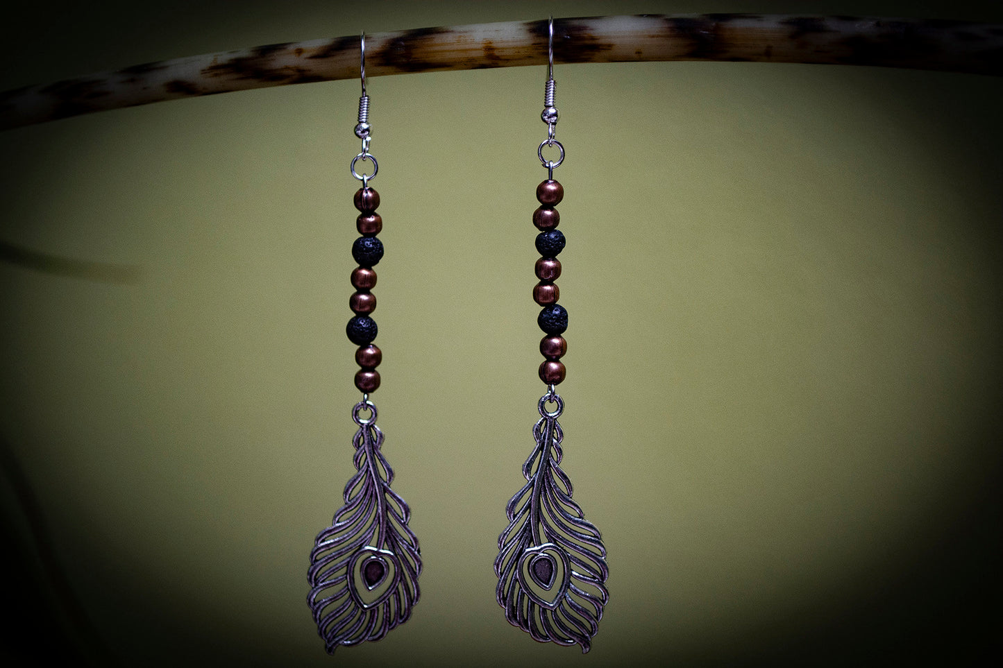 Pair of Silver Lava Rock and Copper Bead Peacock Feather Boho Earrings