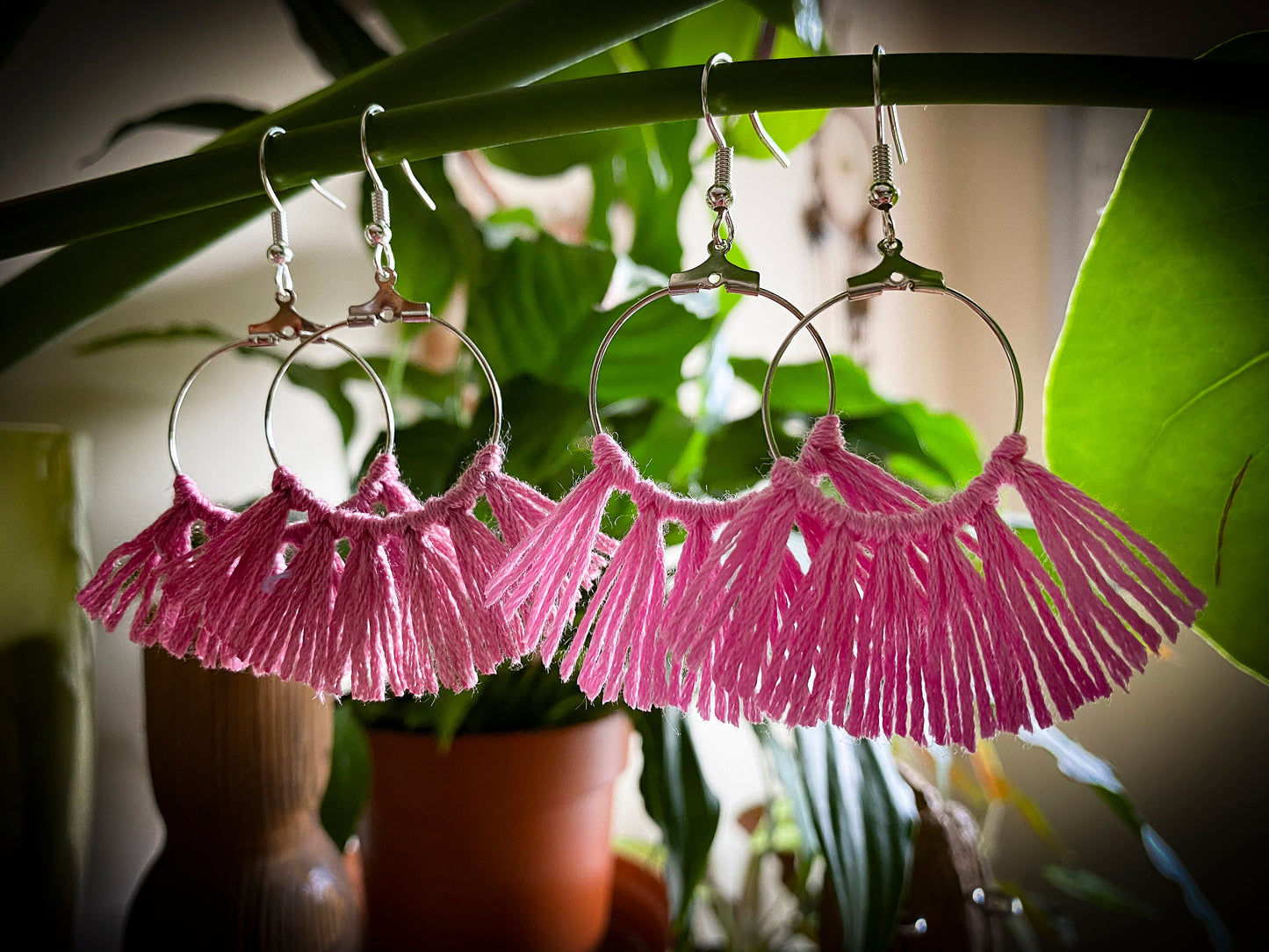 Tassel Silver Earrings in Pink