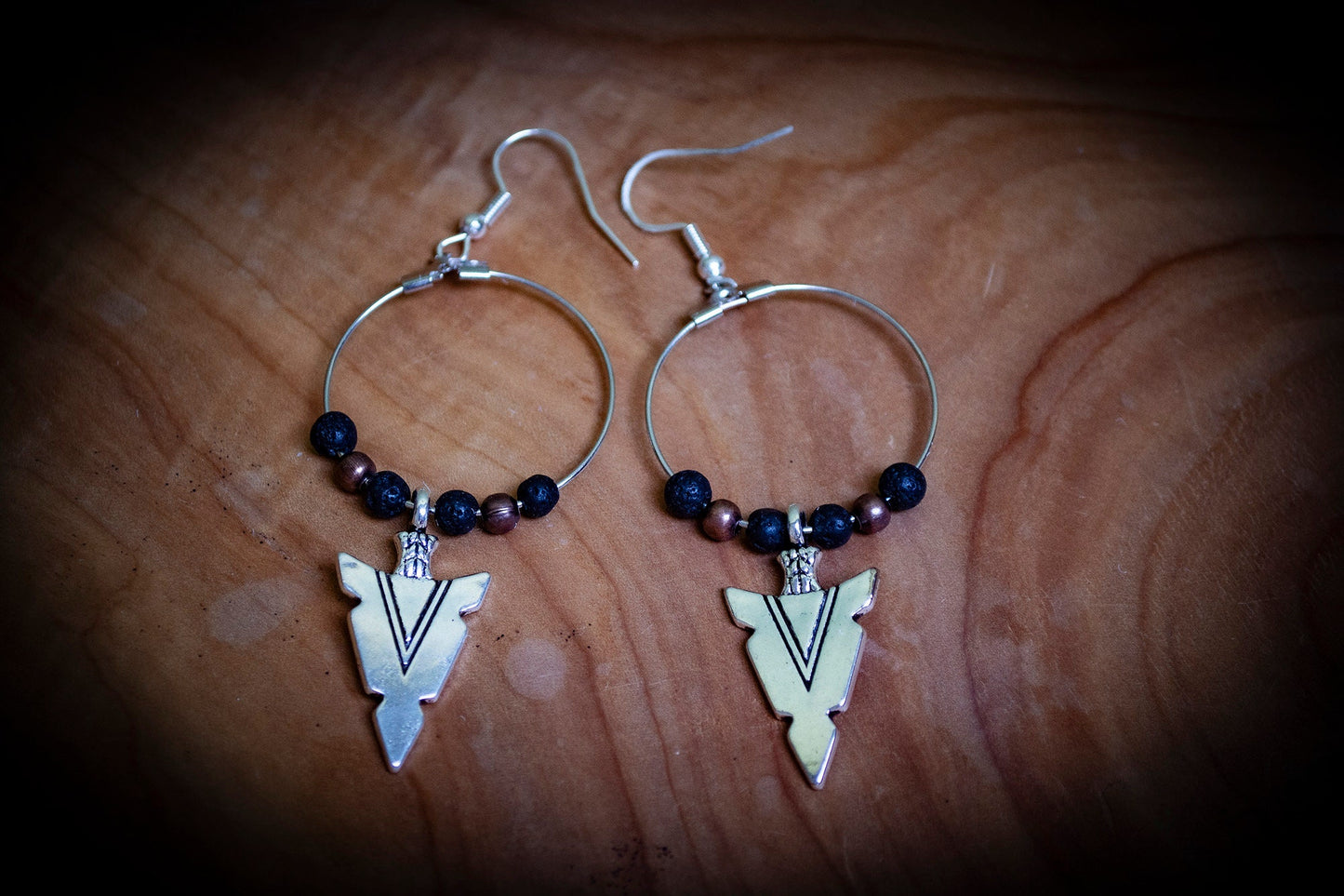 Silver Hoop Lava Rock and Copper Arrow Head Boho Earrings