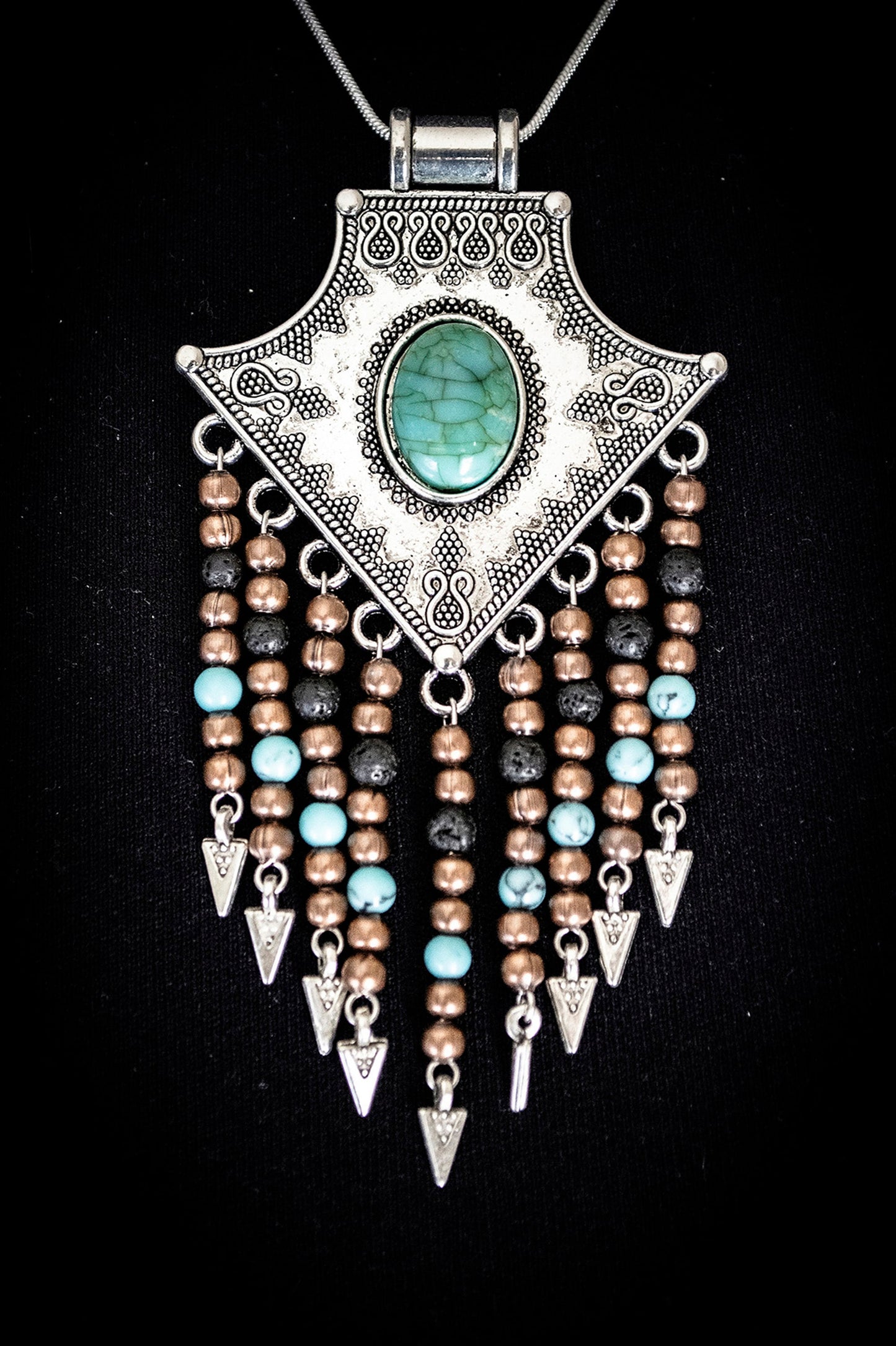 Tibetan Silver Turquoise, Lava Rock and Copper Arrow Head Drop Boho Necklace