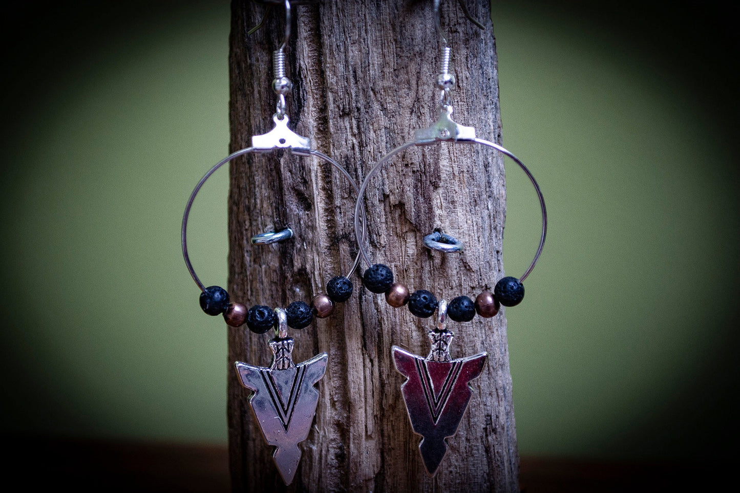 Silver Hoop Lava Rock and Copper Arrow Head Boho Earrings