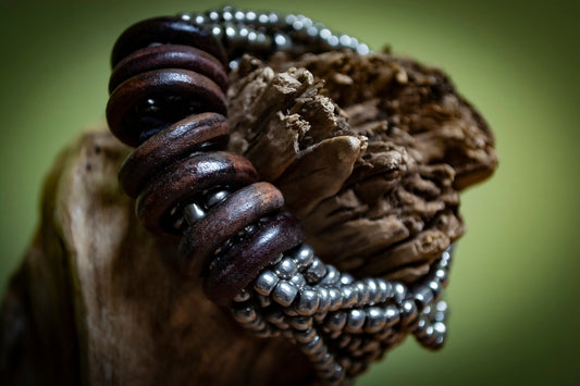 Beaded Multi-Strand Bracelet with Wood Detail