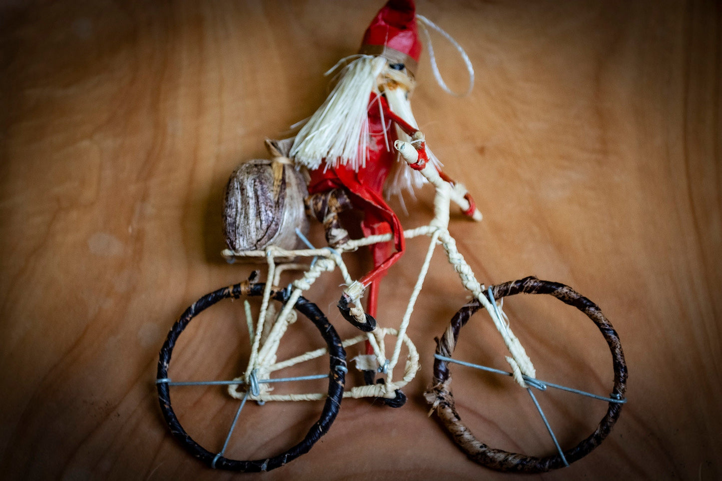 Handmade Banana Fibre Santa on a Bike