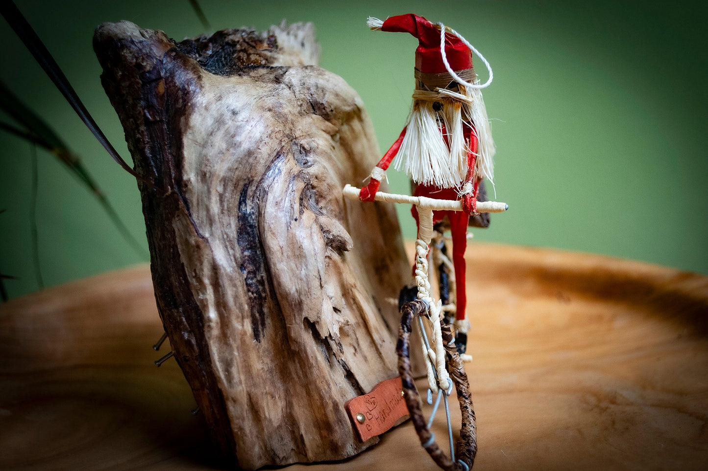 Handmade Banana Fibre Santa on a Bike