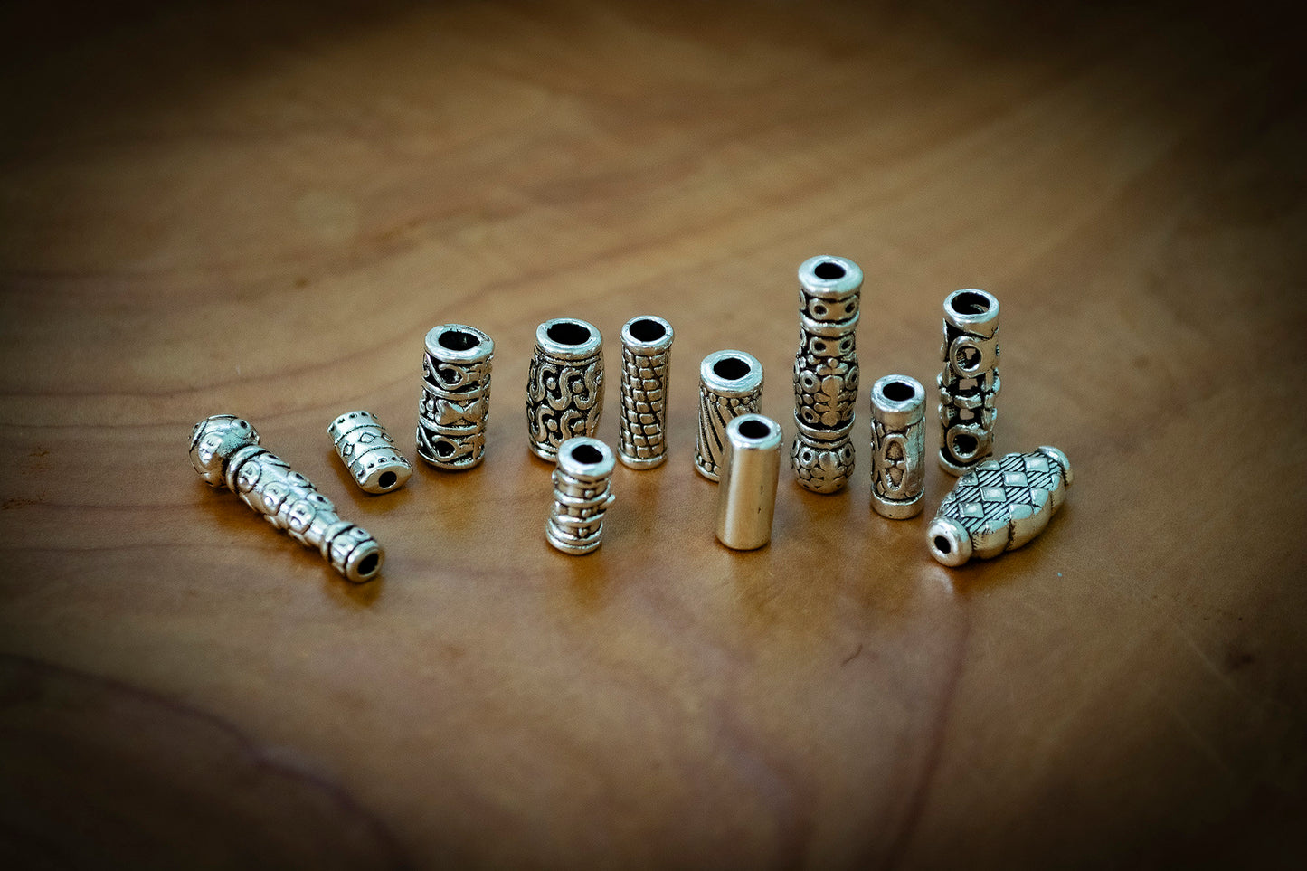 Set of 12 Narrow Mixed Tibetan Silver Plated Dreadlock Beads
