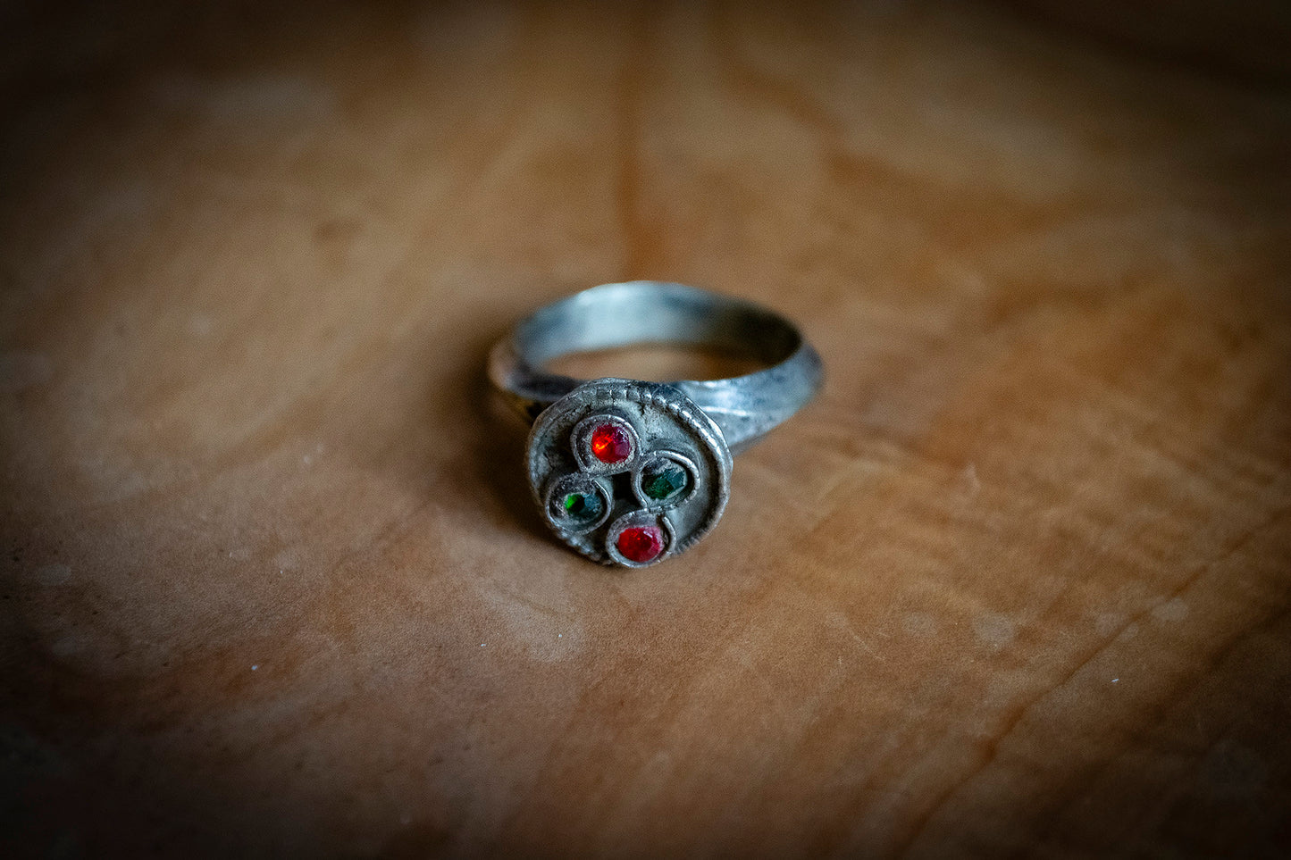 Vintage Afghan Circular Ring with Red and Green Gems