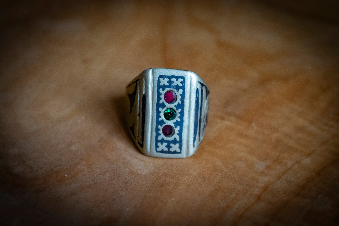 Vintage Afghan Rectangle Ring with Red and Green Gems