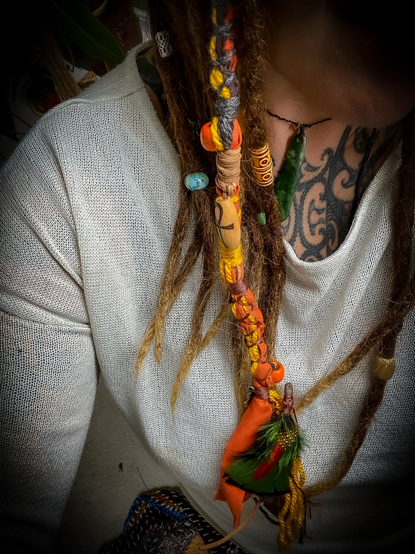 Boho Tribal Style Dreadlock Removable Hair Wrap With Dot Work Bead in Yellow, Brown and Orange