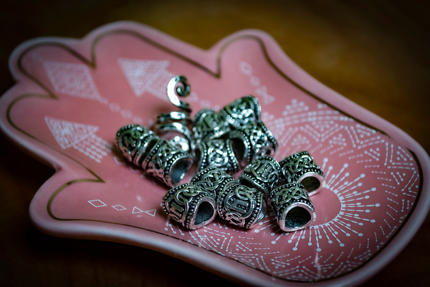 Set of 13 Small Viking Style Tibetan Silver Plated Dreadlock Beads