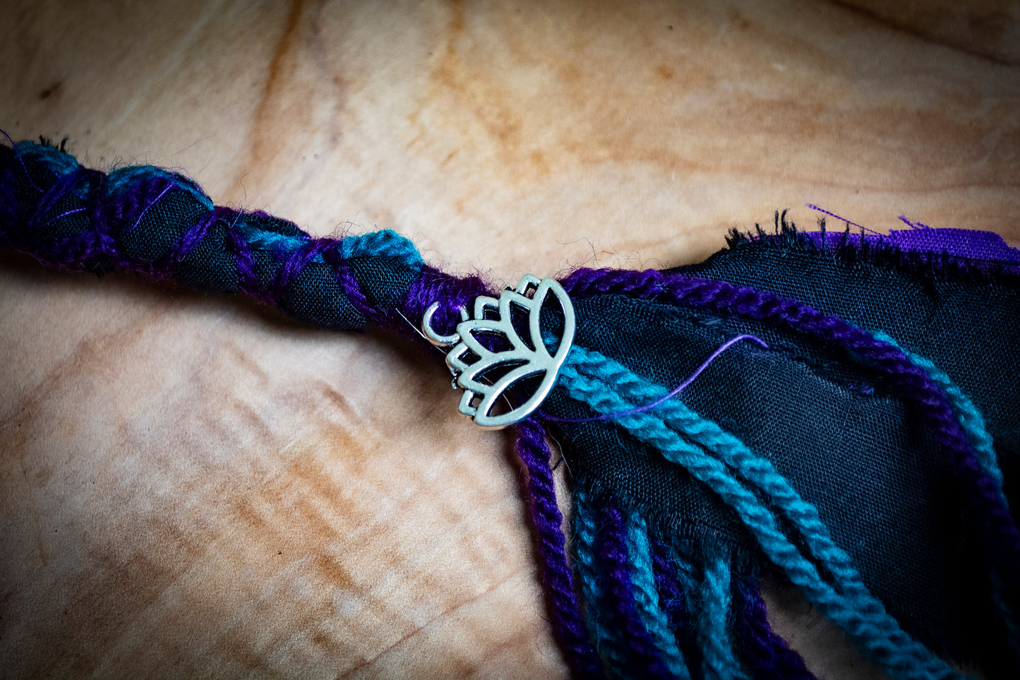 Boho Spiritual Style Dreadlock Removable Tibetan Silver Lotus Hair Wrap With Dot Work Bead in Purple, Teal and Black