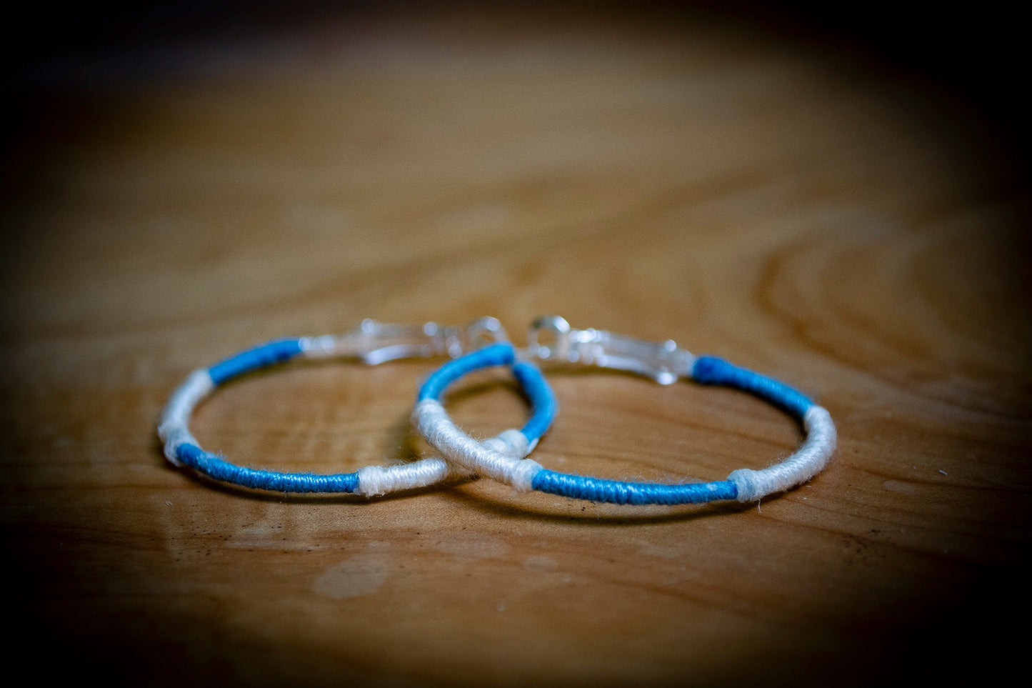Cream and Blue Wrapped Hoop Earrings