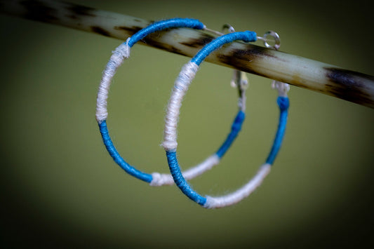Cream and Blue Wrapped Hoop Earrings