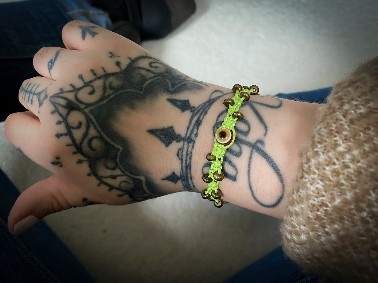 Lime Green Evil Eye Hand-Woven Bracelet