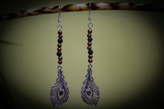 Pair of Silver Lava Rock and Copper Bead Peacock Feather Boho Earrings