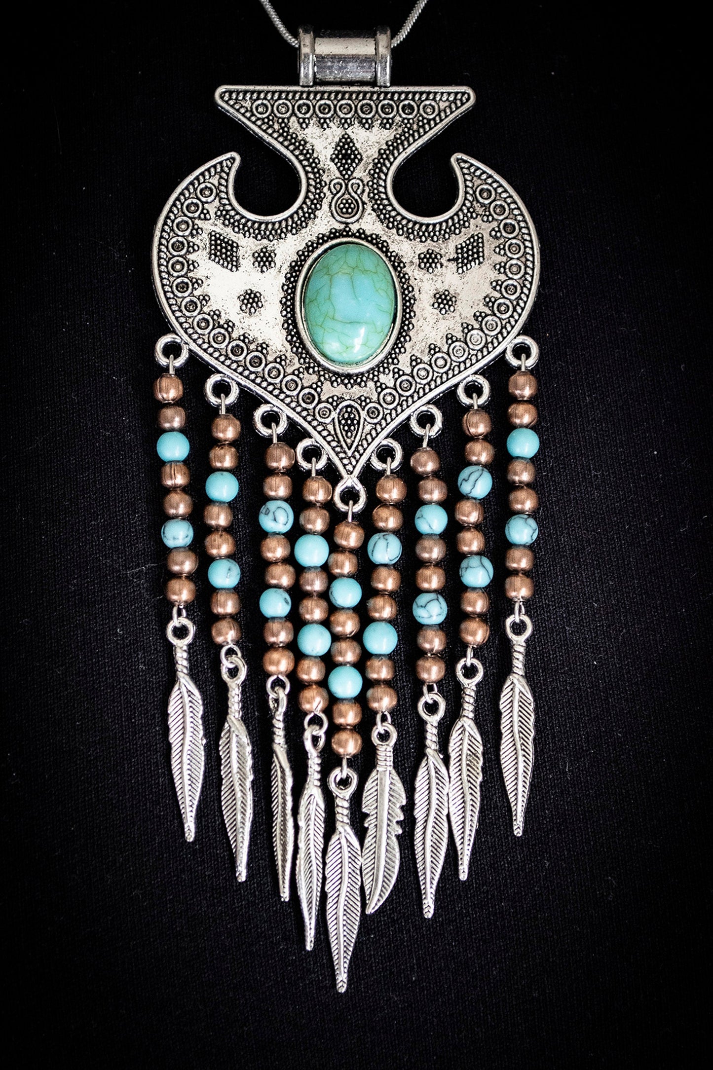 Tibetan Silver Turquoise and Copper Feather Drop Boho Necklace