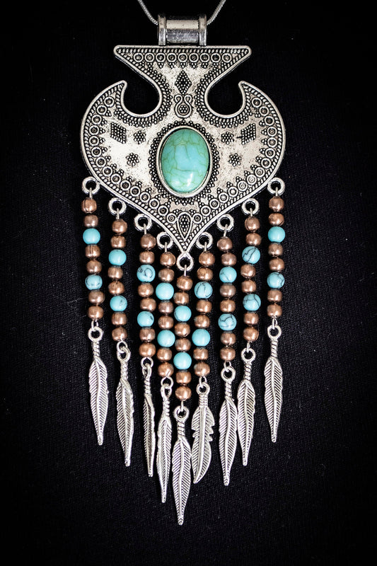 Tibetan Silver Turquoise and Copper Feather Drop Boho Necklace