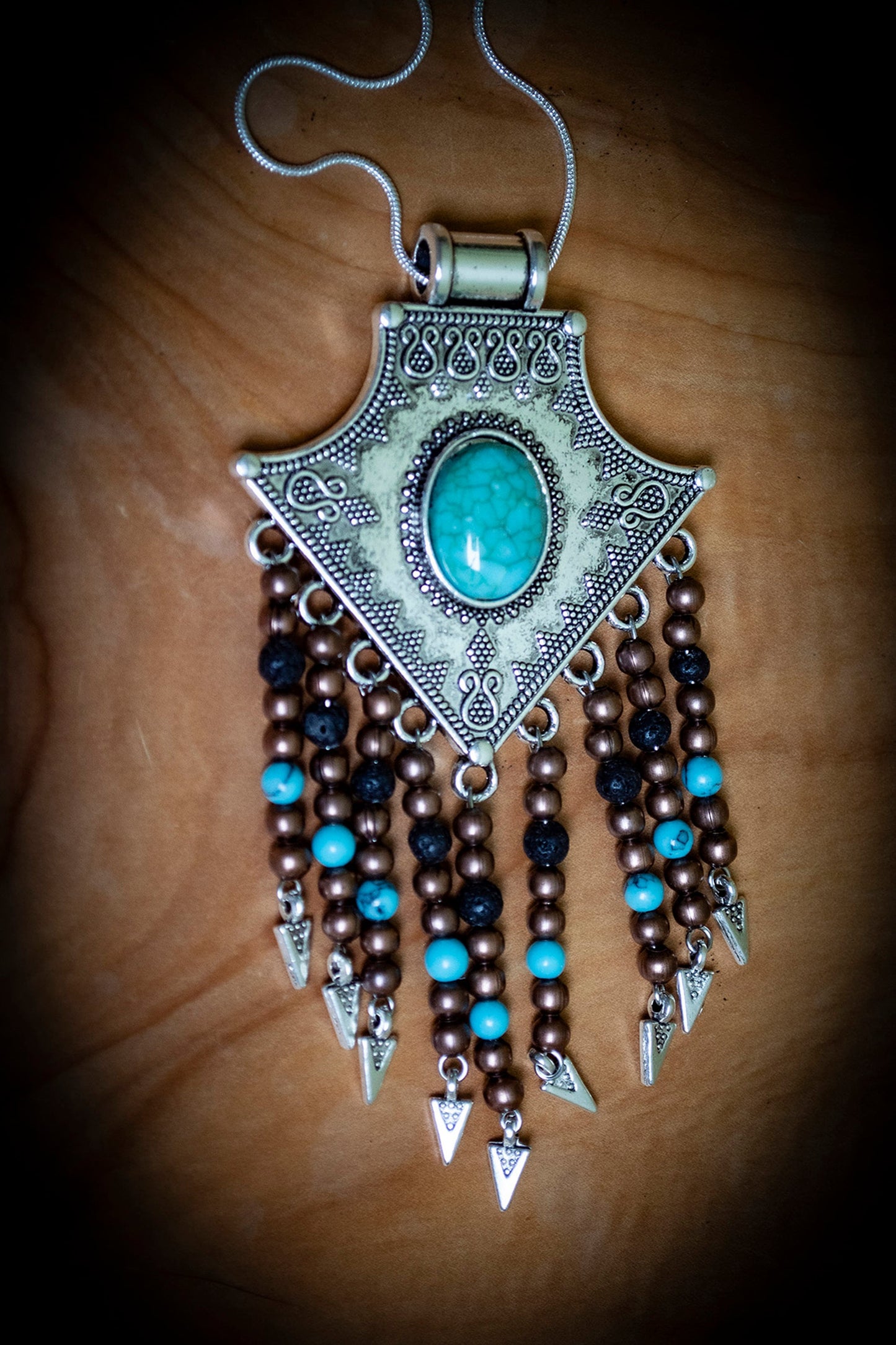 Tibetan Silver Turquoise, Lava Rock and Copper Arrow Head Drop Boho Necklace