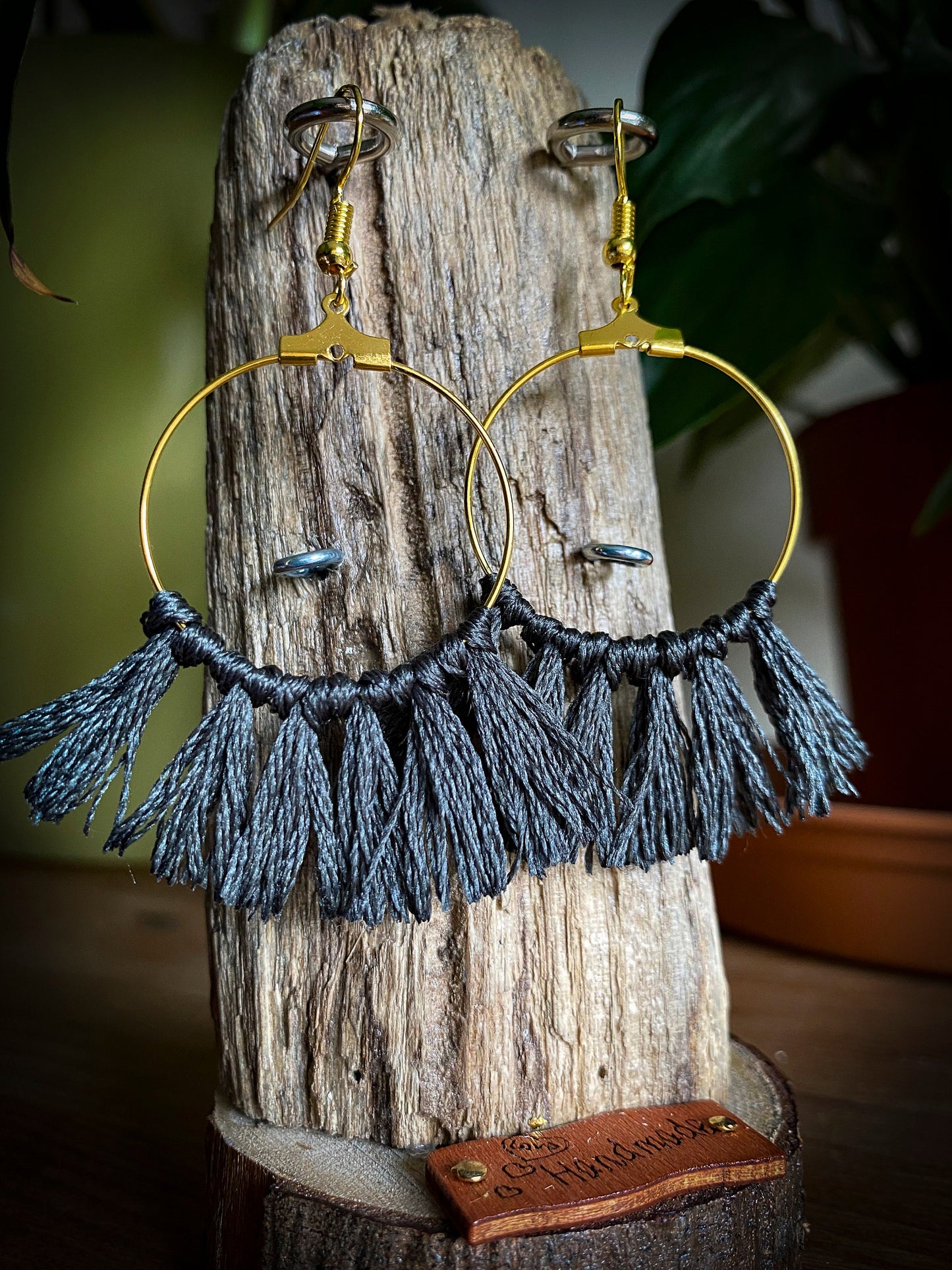 Tassel Gold Earrings in Dark Pewter Grey