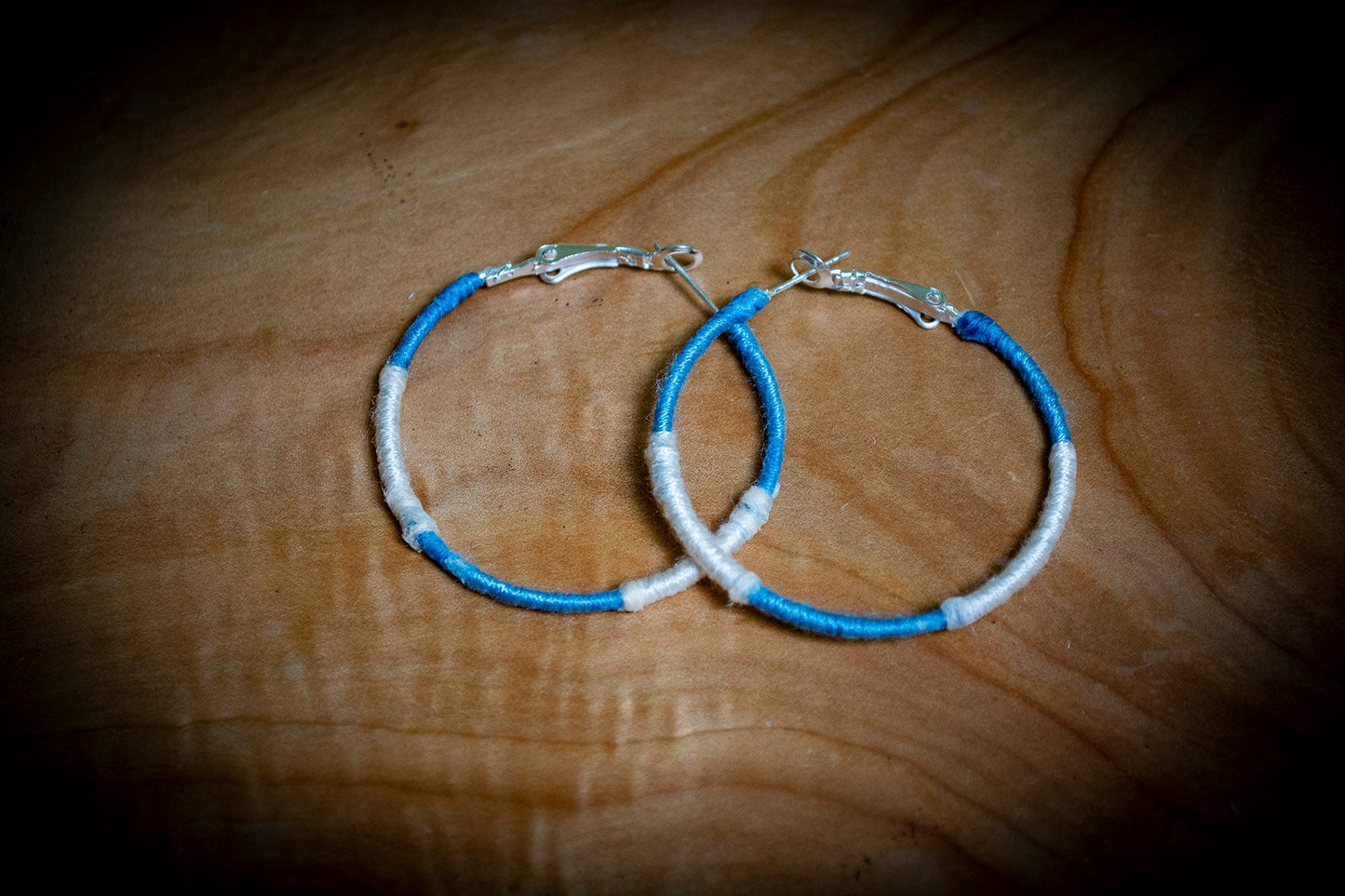 Cream and Blue Wrapped Hoop Earrings