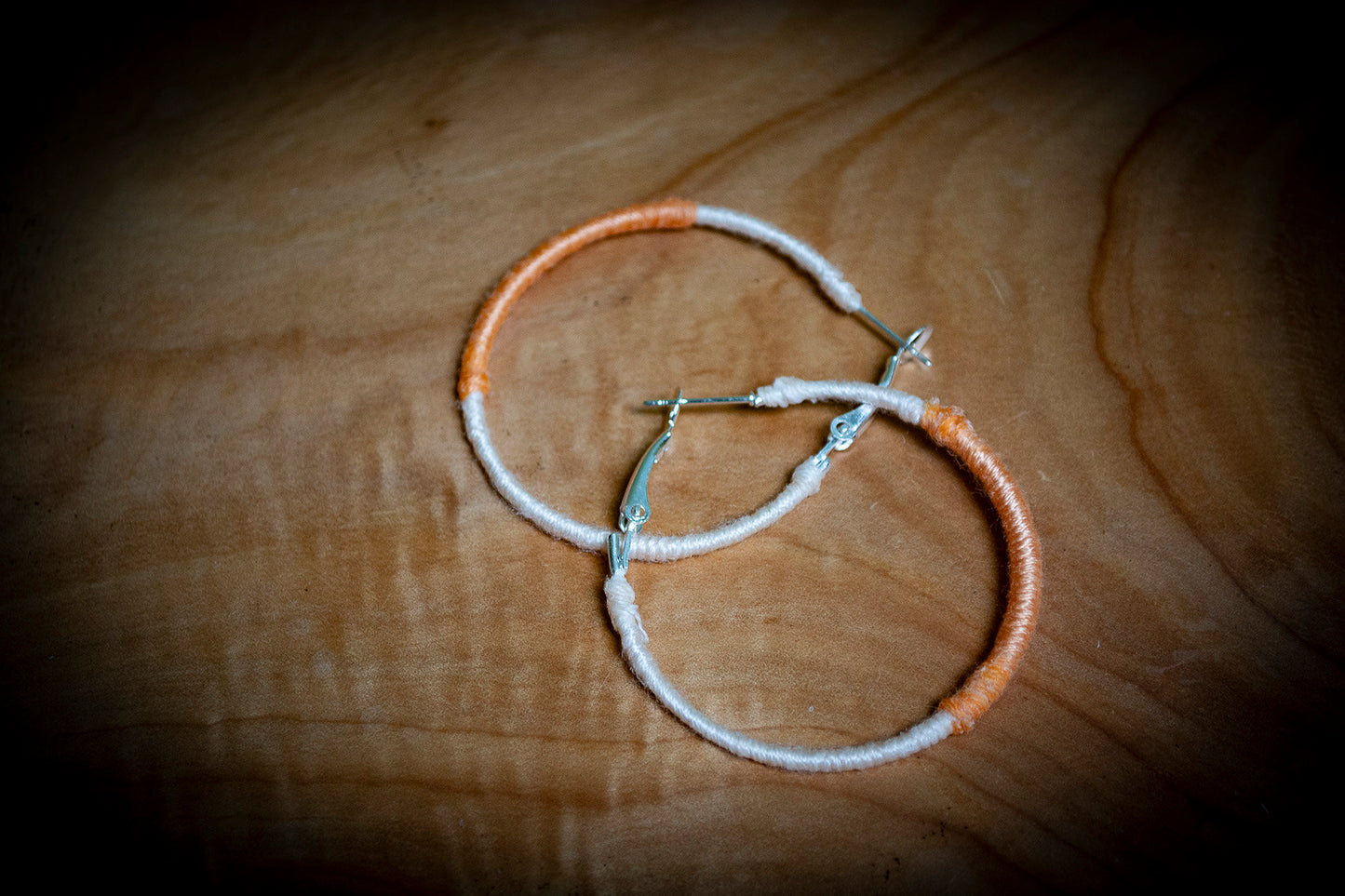 Cream and Orange Wrapped Hoop Earrings