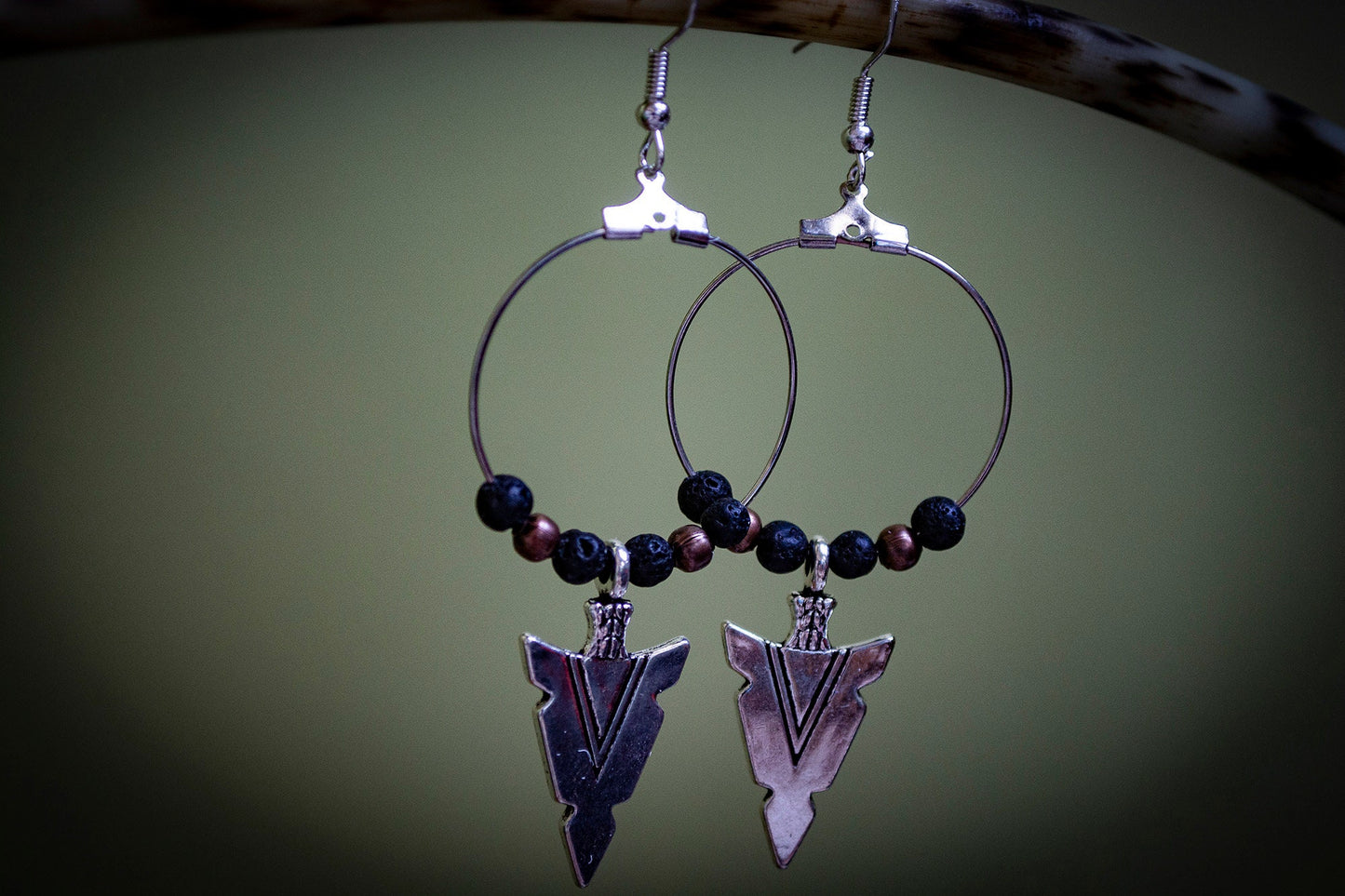 Silver Hoop Lava Rock and Copper Arrow Head Boho Earrings