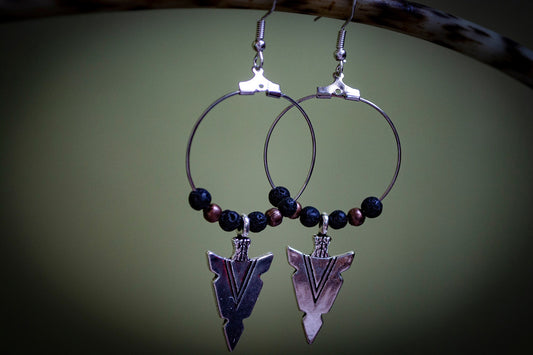 Silver Hoop Lava Rock and Copper Arrow Head Boho Earrings