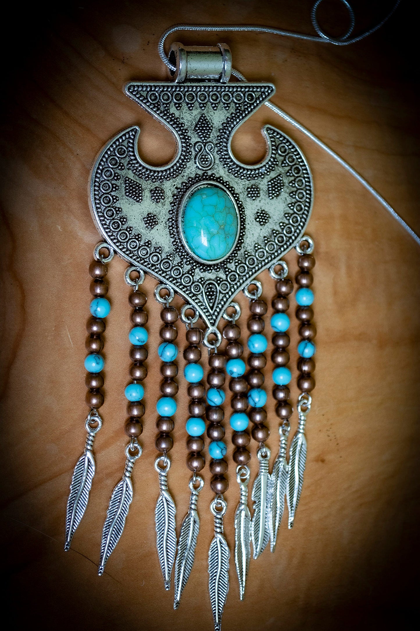 Tibetan Silver Turquoise and Copper Feather Drop Boho Necklace