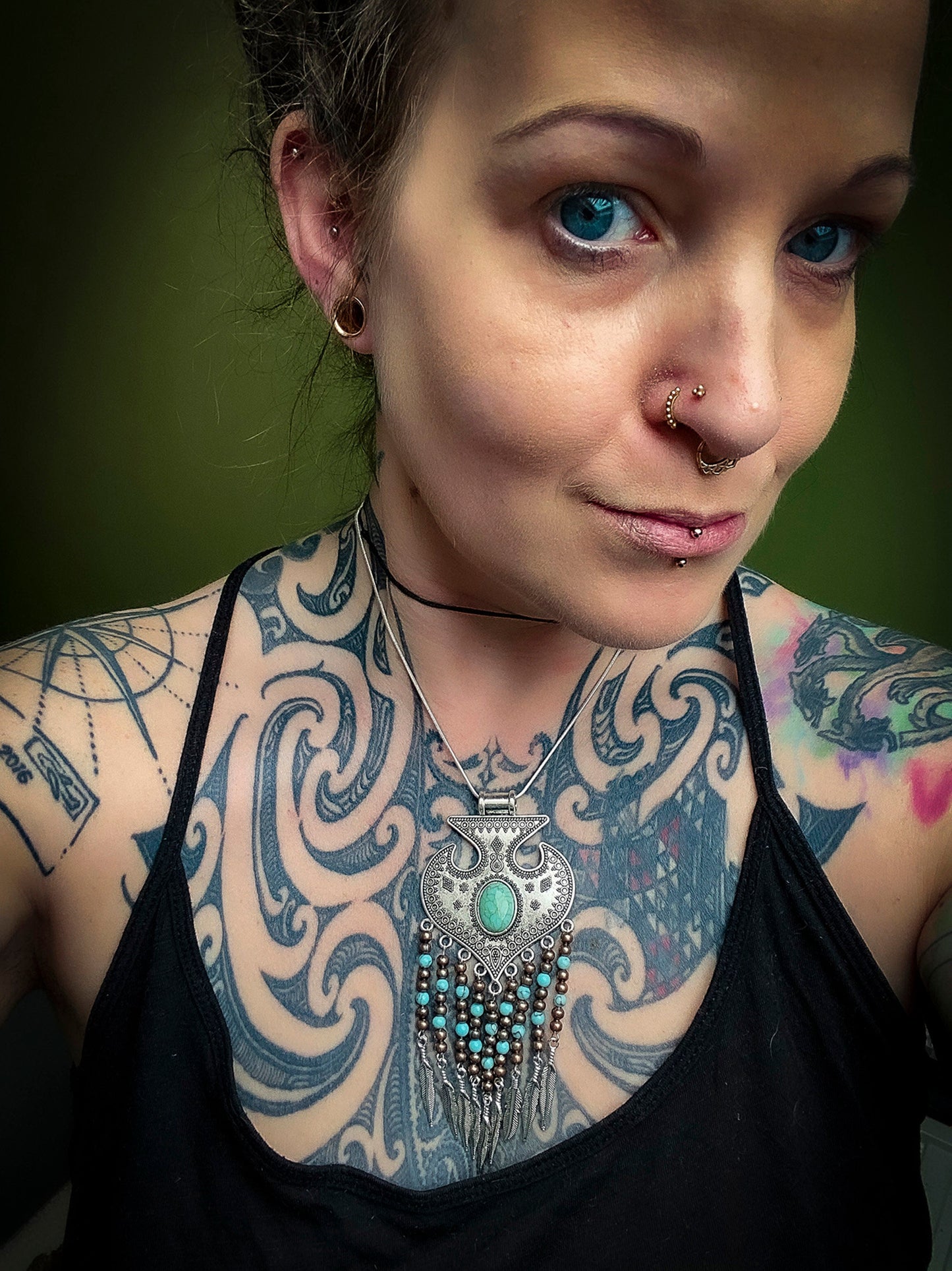 Tibetan Silver Turquoise and Copper Feather Drop Boho Necklace