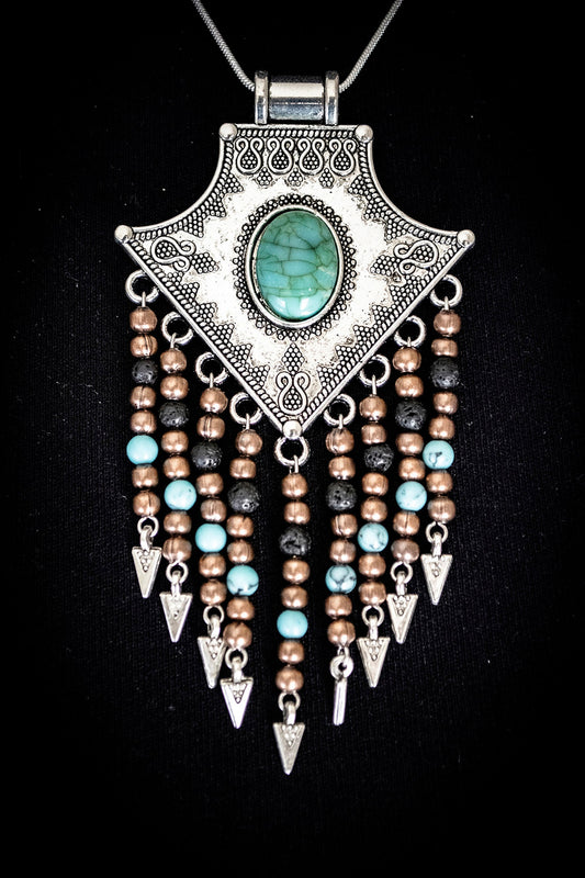 Tibetan Silver Turquoise, Lava Rock and Copper Arrow Head Drop Boho Necklace