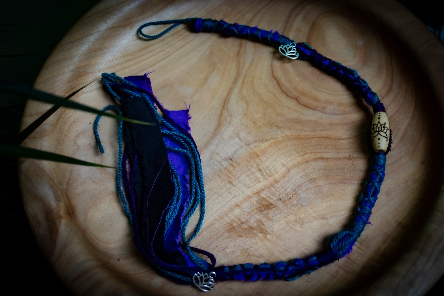 Boho Spiritual Style Dreadlock Removable Tibetan Silver Lotus Hair Wrap With Dot Work Bead in Purple, Teal and Black
