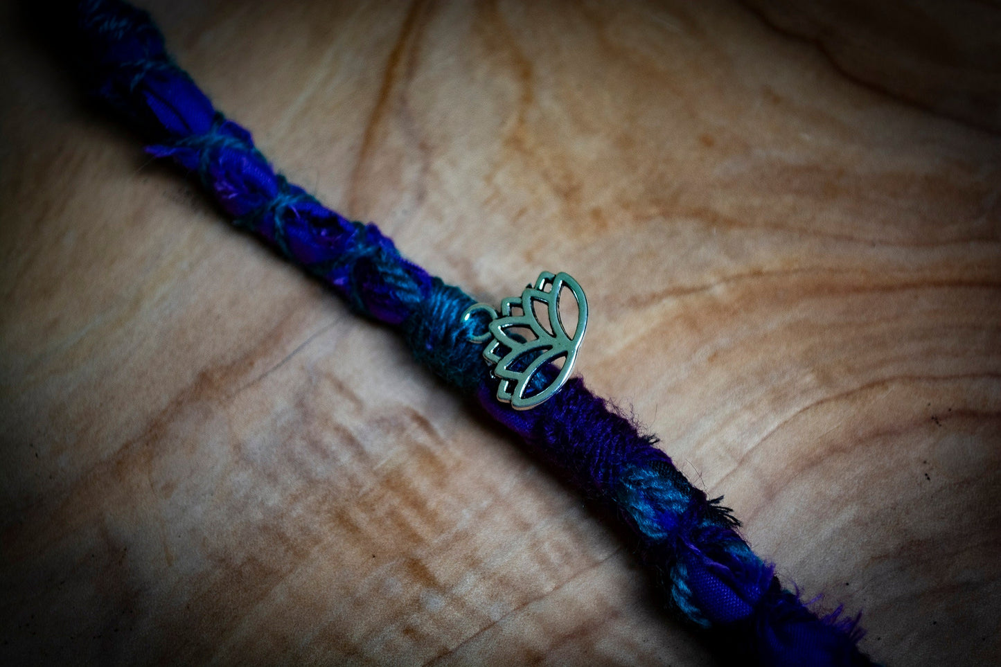 Boho Spiritual Style Dreadlock Removable Tibetan Silver Lotus Hair Wrap With Dot Work Bead in Purple, Teal and Black
