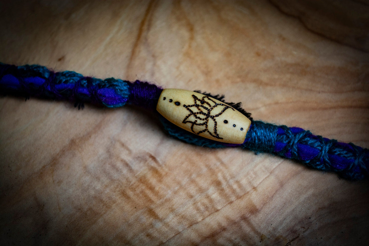 Boho Spiritual Style Dreadlock Removable Tibetan Silver Lotus Hair Wrap With Dot Work Bead in Purple, Teal and Black