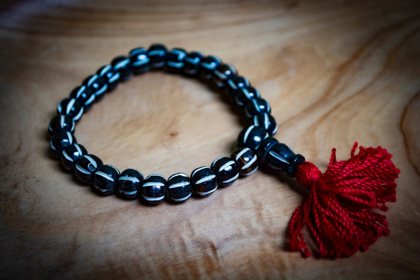 Carved Bone White Stripe Mala Bracelet