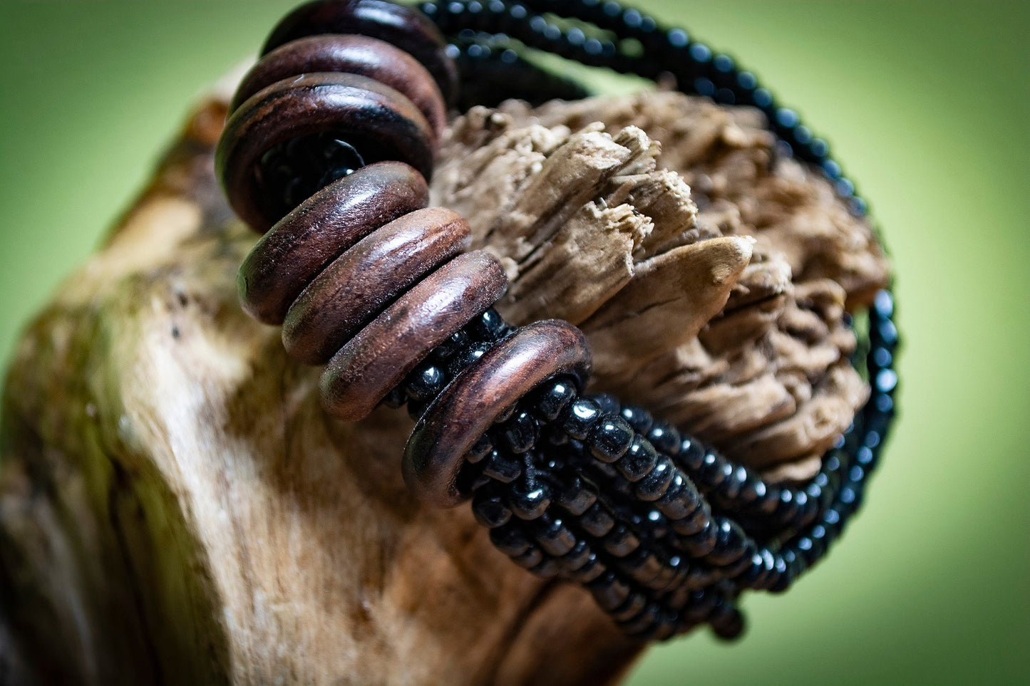 Beaded Multi-Strand Bracelet with Wood Detail