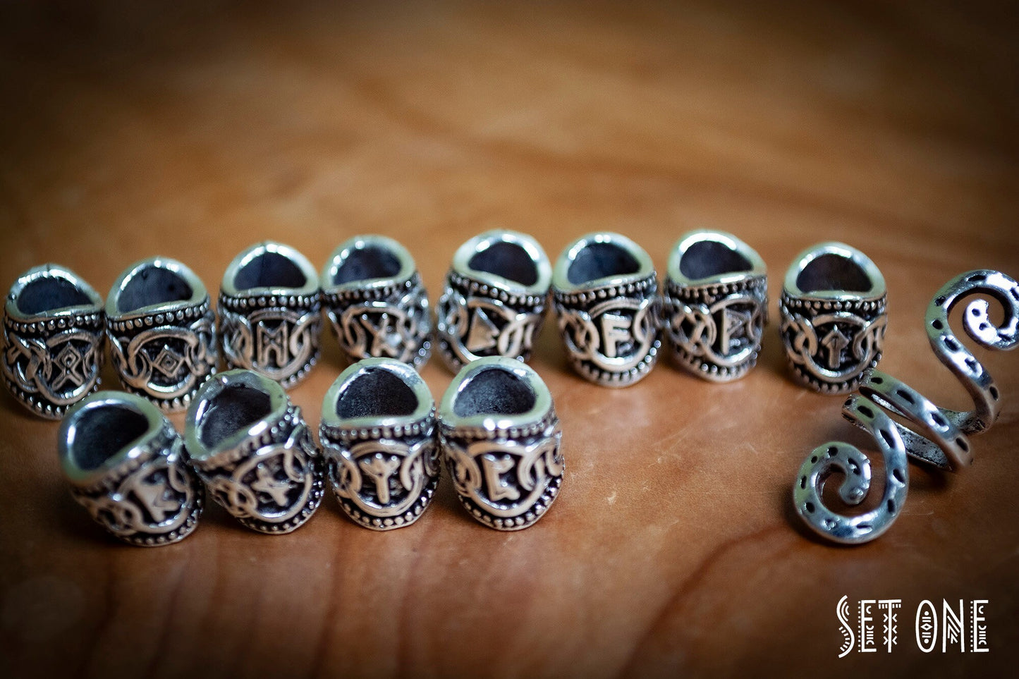 Set of 13 Small Viking Style Tibetan Silver Plated Dreadlock Beads