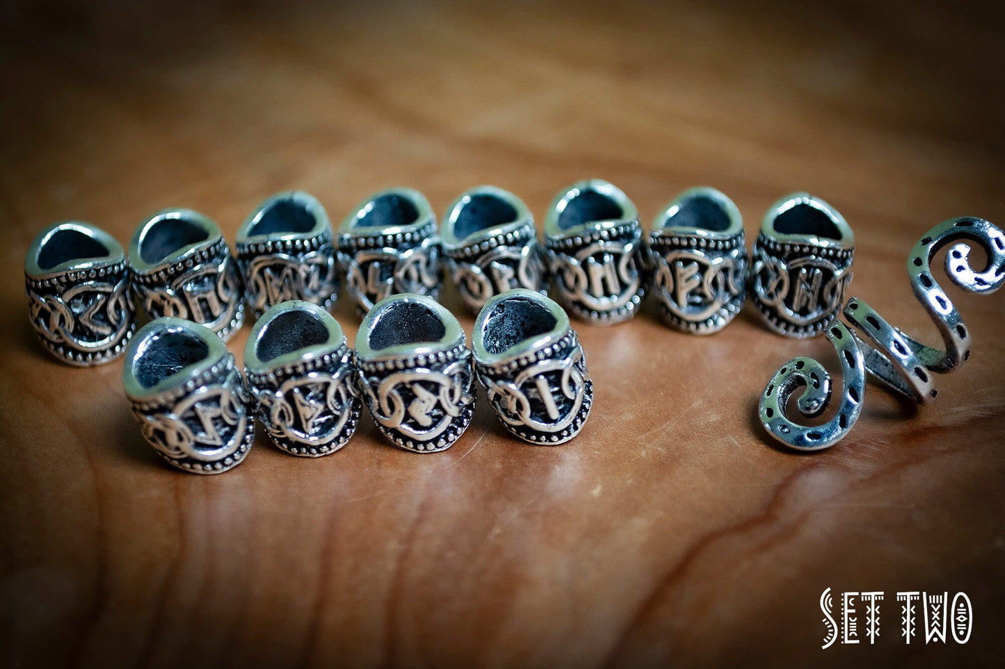 Set of 13 Small Viking Style Tibetan Silver Plated Dreadlock Beads