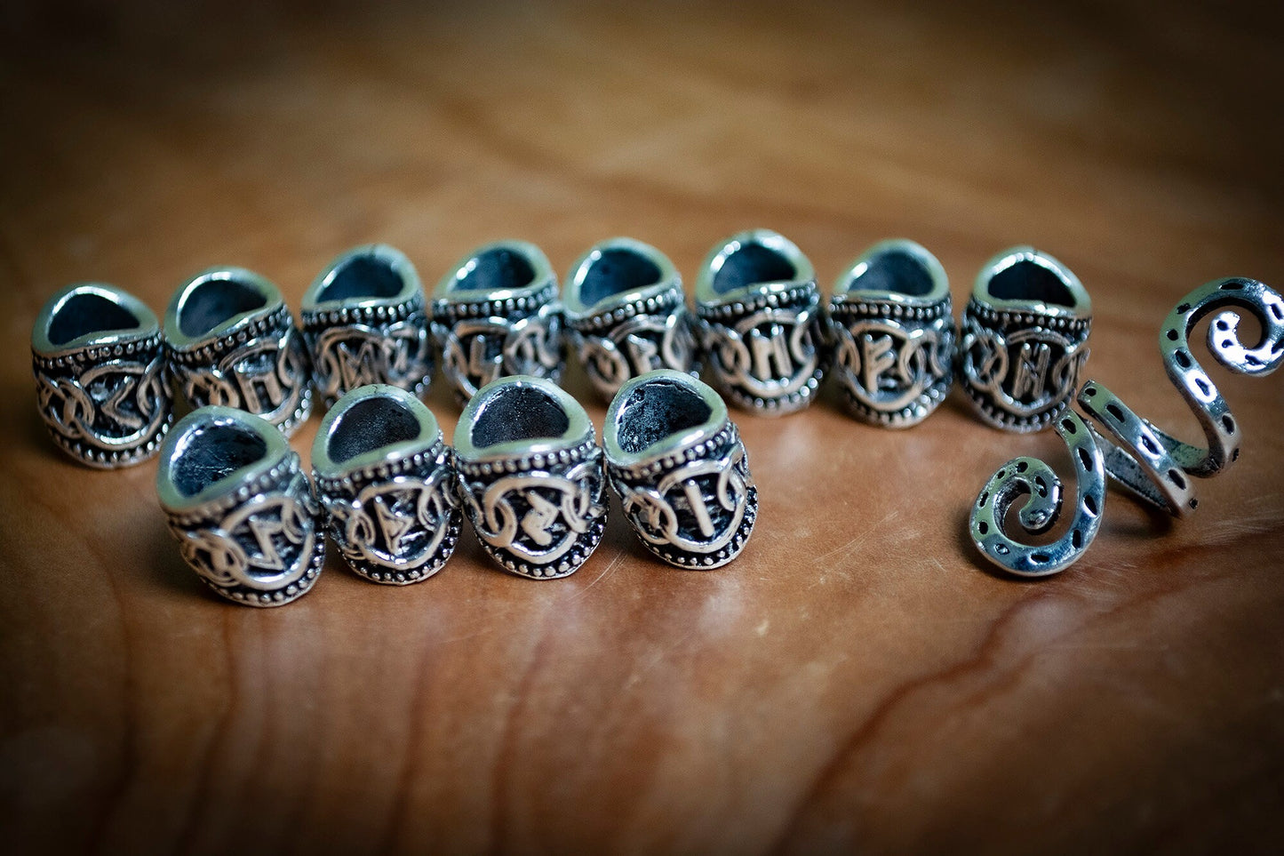 Set of 13 Small Viking Style Tibetan Silver Plated Dreadlock Beads