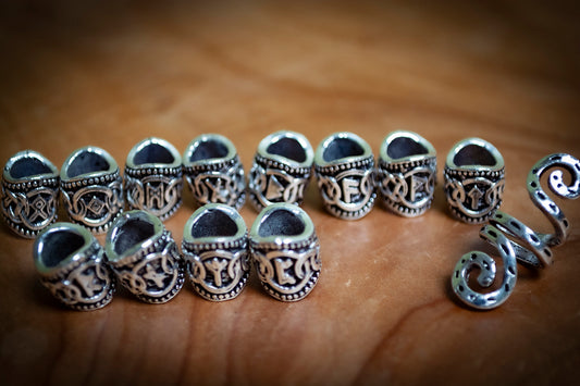 Set of 13 Small Viking Style Tibetan Silver Plated Dreadlock Beads