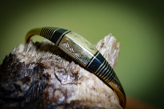 Wide Handmade Tuareg Brass Etched Triangles Inlaid Bracelet