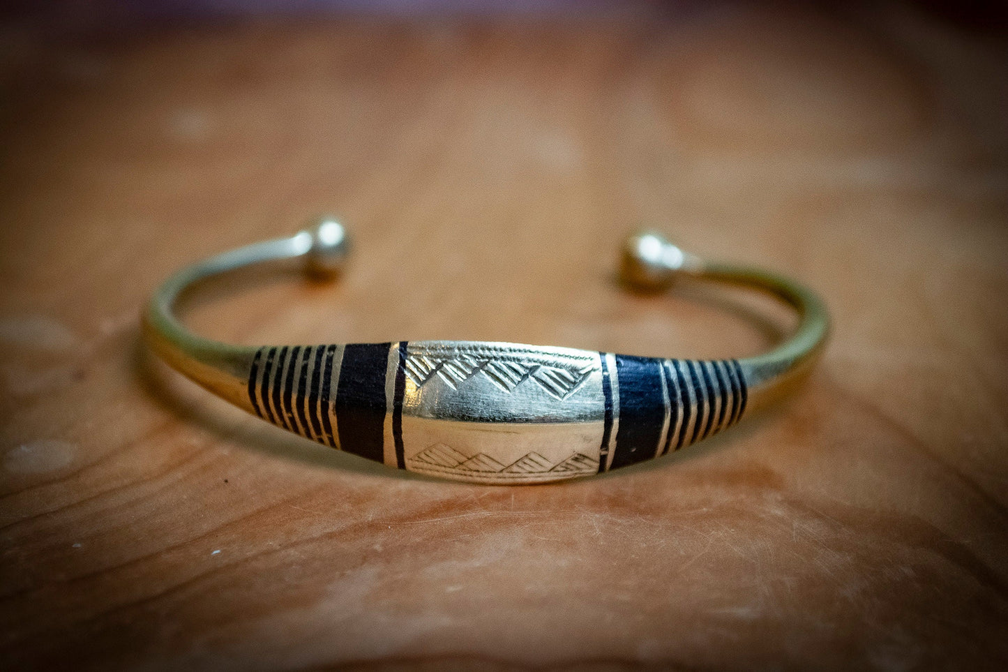 Wide Handmade Tuareg Brass Etched Triangles Inlaid Bracelet