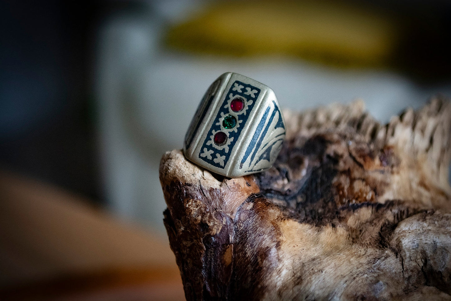 Vintage Afghan Rectangle Ring with Red and Green Gems