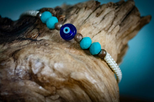 Ivory and Blue Turkish Evil Eye Hand-Woven Bracelet