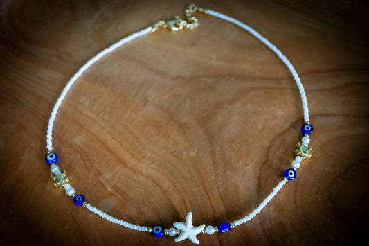 Turkish Starfish and Turtle Bead Evil Eye Necklace