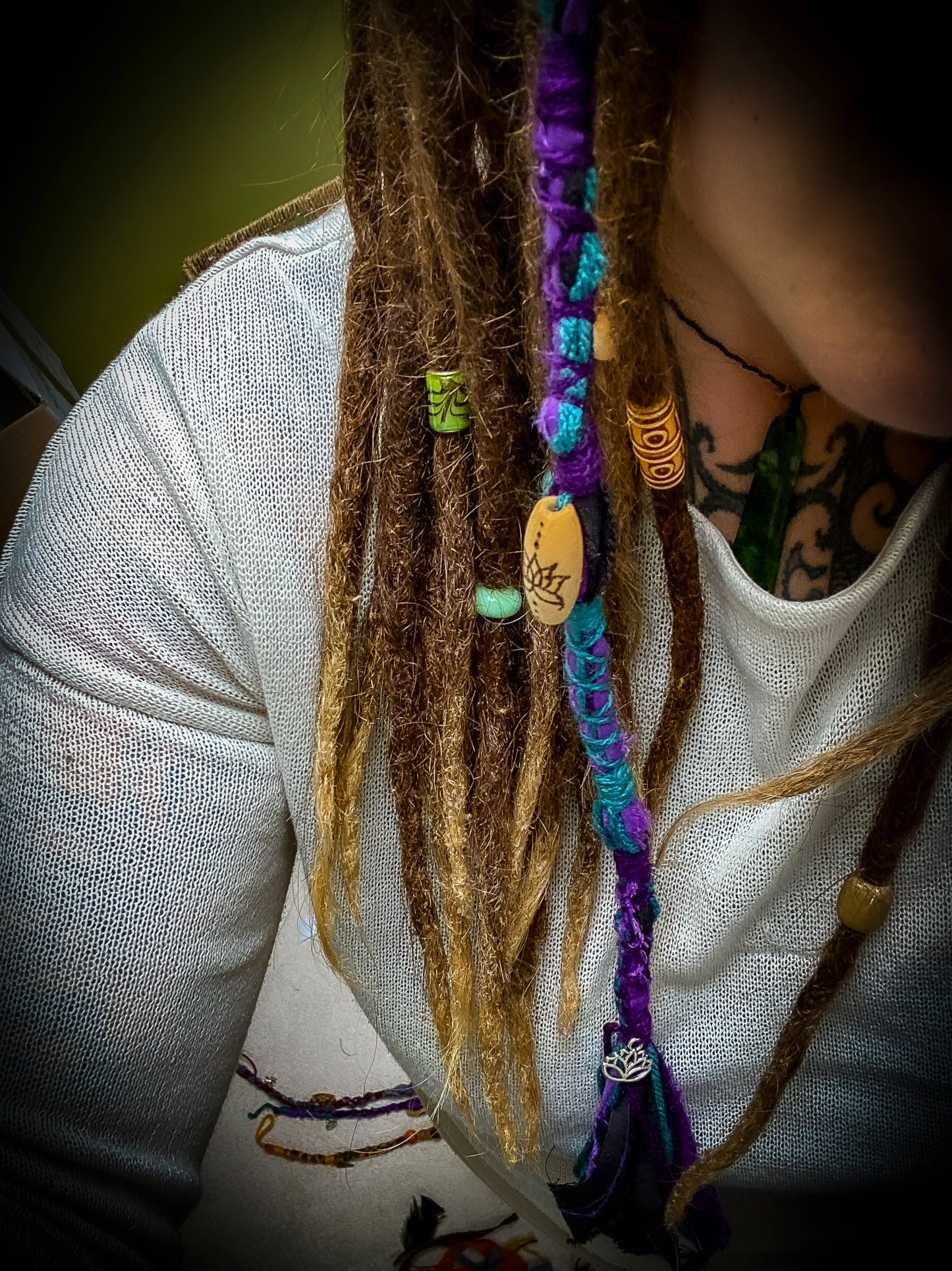 Boho Spiritual Style Dreadlock Removable Tibetan Silver Lotus Hair Wrap With Dot Work Bead in Purple, Teal and Black