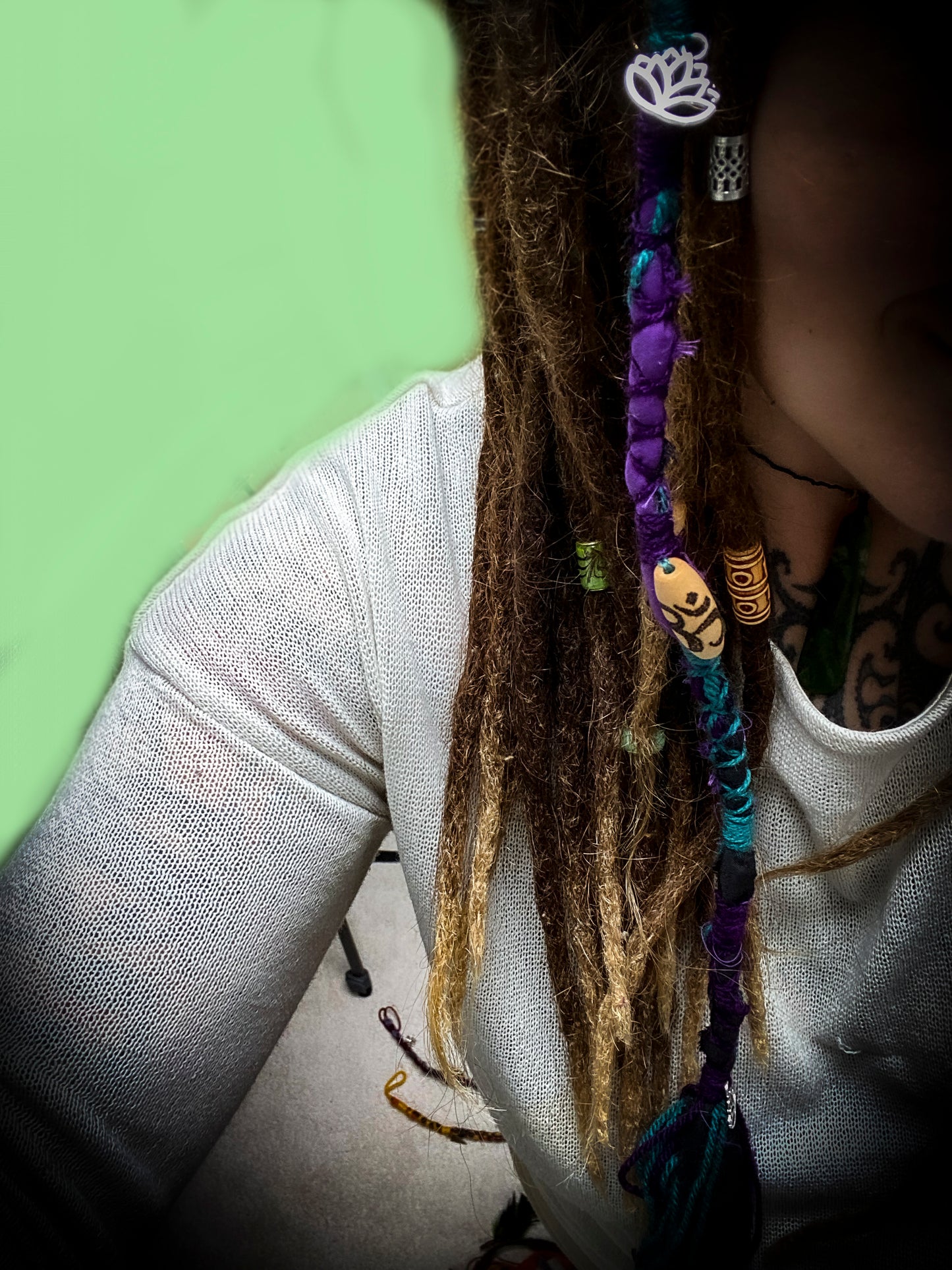 Boho Spiritual Style Dreadlock Removable Tibetan Silver Lotus Hair Wrap With Dot Work Bead in Purple, Teal and Black